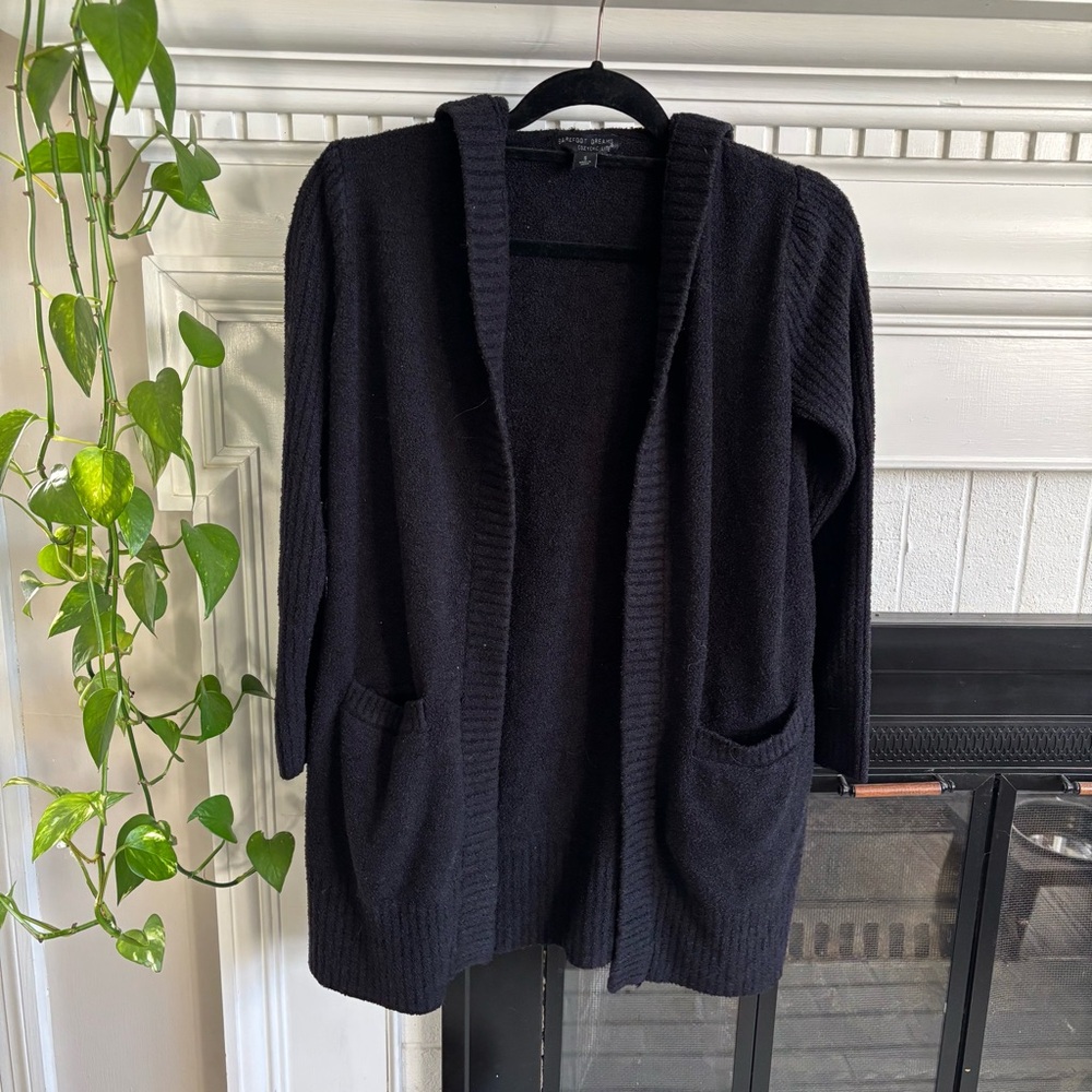 Barefoot Dreams Mid Thigh Cozychic Lite Hooded Cardigan Black